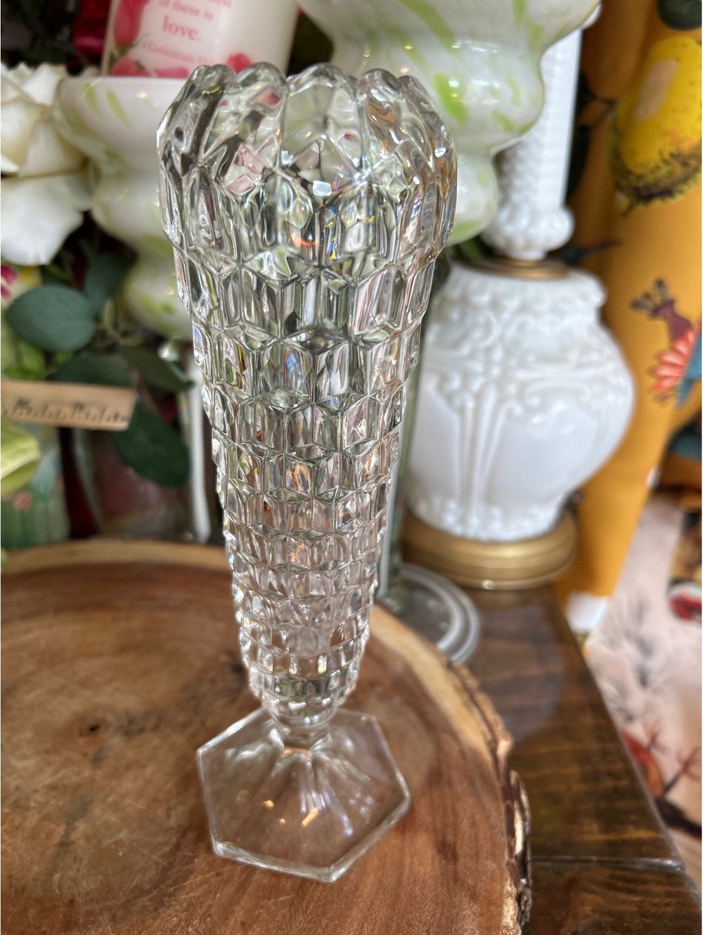 Vintage Clear Glass Bud Vase with Hexagonal Base